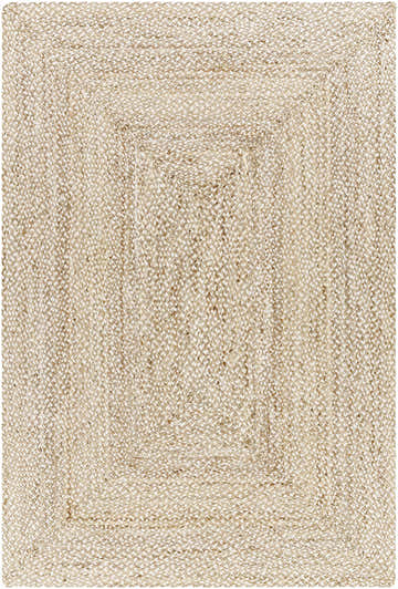 Close-up of the Elkie Area Rug showing its hand-loomed jute texture and concentric square design in lambswool and light brown. Design-Rectangle-576
