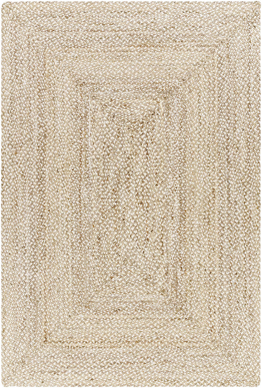 Close-up of the Elkie Area Rug showing its hand-loomed jute texture and concentric square design in lambswool and light brown. Design-Rectangle-576