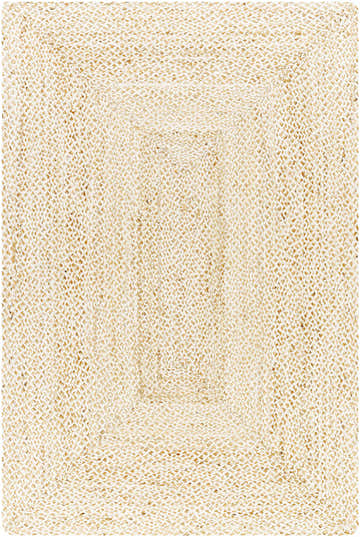 Close-up of the hand-loomed Elkie Cream Jute Area Rug, showing its beige and bone colors and woven texture. Design-Rectangle-576