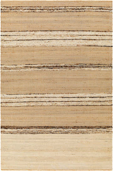 Close-up of the Arnie Area Rug. Hand-woven jute and wool rug with beige, tan, and brown horizontal stripes. Design-Rectangle-576