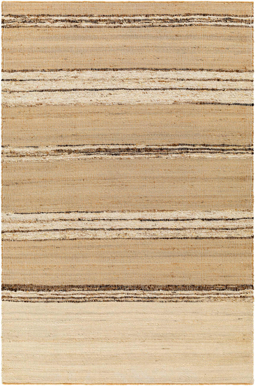 Close-up of the Arnie Area Rug. Hand-woven jute and wool rug with beige, tan, and brown horizontal stripes. Design-Rectangle-576