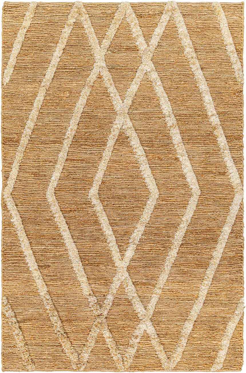 Close-up of Allie Textured Jute Rug showing natural jute and off-white diamond pattern. Hand-woven farmhouse style. Design-Rectangle-576