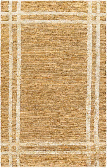 Close-up of the hand woven Kazu Area Rug. Tan jute rug with an off white farmhouse inspired plaid pattern. Design-Rectangle-576