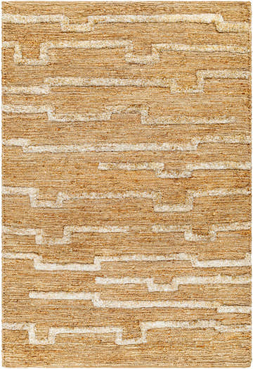 Close-up of the hand-woven Miya Area Rug. Jute rug with beige and cream geometric pattern. Farmhouse style. Design-Rectangle-576