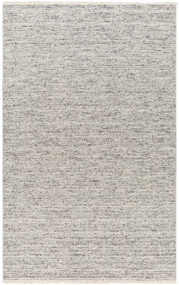 Close-up of the Kylee Gray Wool Area Rug, featuring a light gray and natural gray woven design and subtle fringe. Design-Rectangle-576