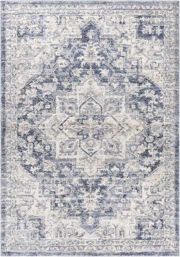 Close-up of a Shotts Thick Luxe Rug featuring a traditional oriental pattern in charcoal, cream, and light gray. Design-Rectangle-5373