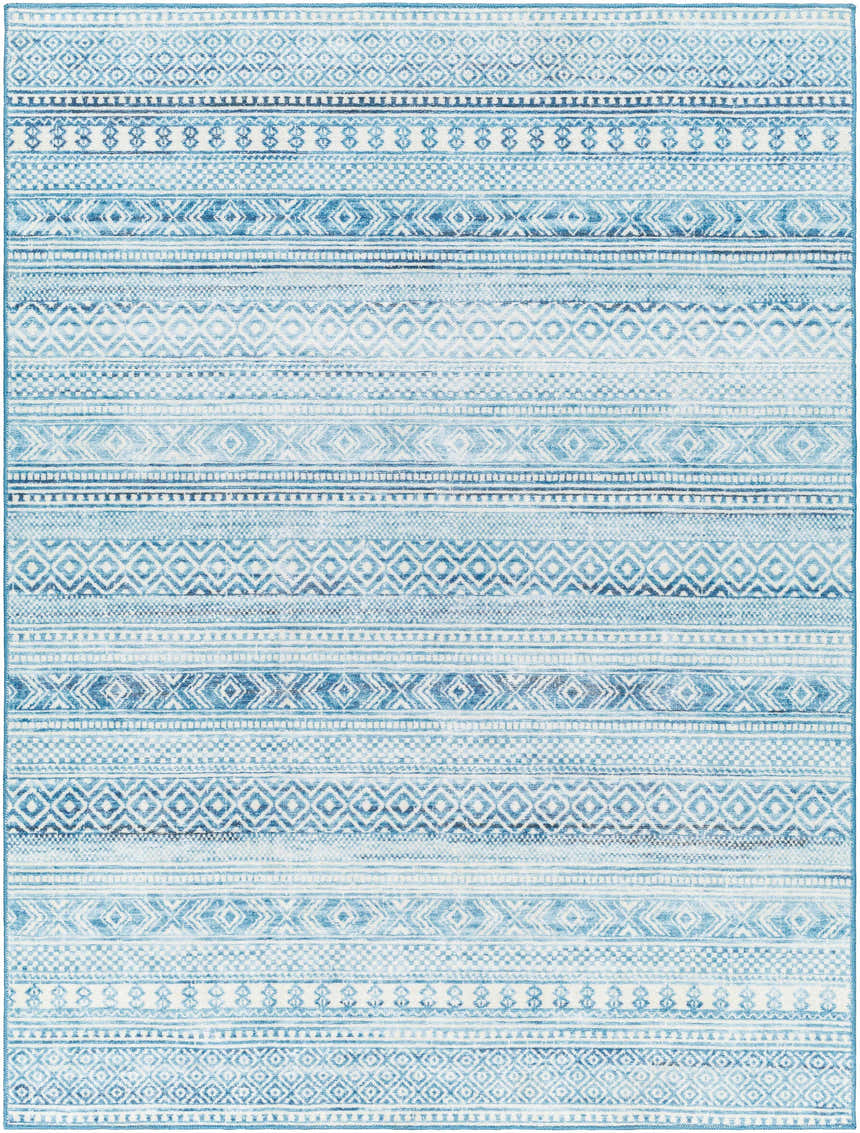 Close-up of Gizeh Arctic Stone Washable Area Rug. Features a farmhouse-style geometric pattern in arctic stone and harbor blue. Design-Rectangle-537