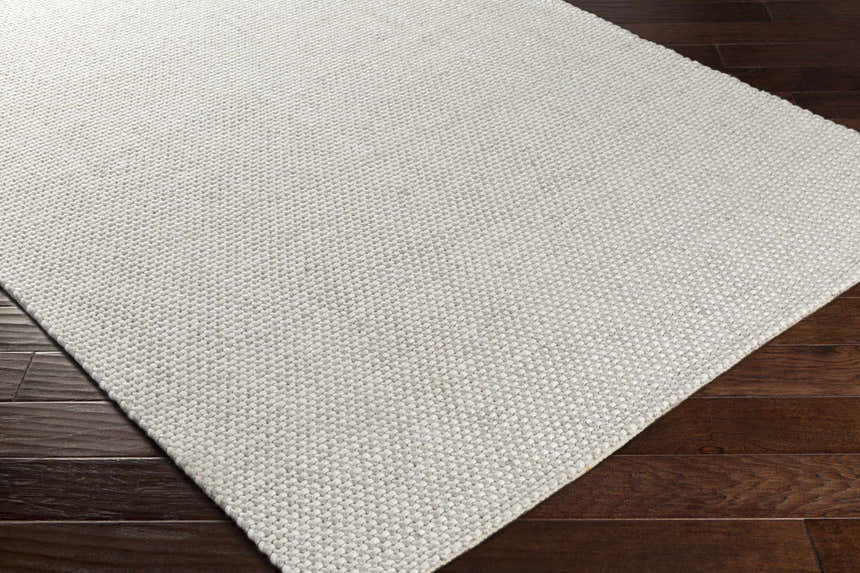 Close-up of the hand woven Shorterville Area Rug. Cream, light gray, and light slate natural fiber rug on dark wood floor. Corner
