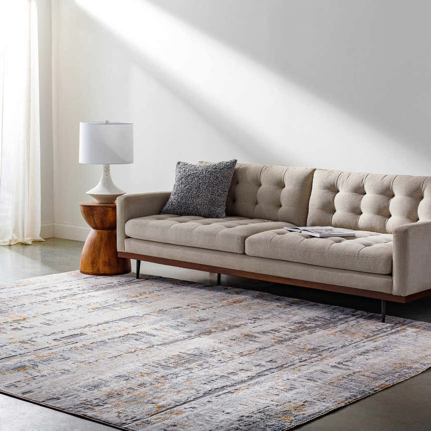 Living room scene with driftwood Guoda Area Rug, beige sofa, and natural light. Contemporary style. Roomscene-Rectangle