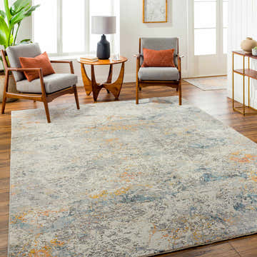 Living room scene with gray chairs and a Harue Area Rug in cloud gray, gray, and nutmeg colors. Roomscene-Rectangle