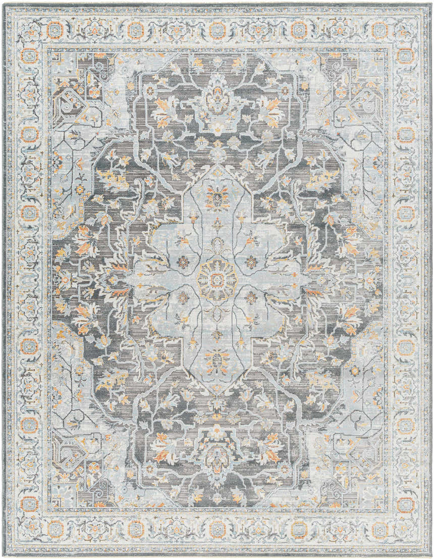 Detailed view of the Hayfa Area Rug in dark gray, light gray, and orange floral traditional pattern. Design-Rectangle-710103