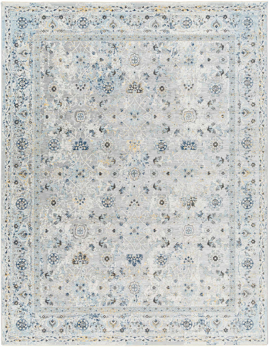 Close-up of the Irida Area Rug. Traditional style rug in dark gray, denim, and nutmeg floral pattern. Clearance item. Design-Rectangle-710103