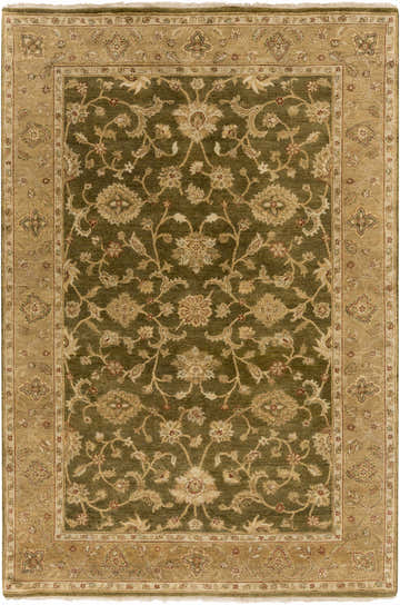 Close-up of Paras Area Rug. Traditional floral pattern in olive, ivory, and tan. Hand-knotted wool rug. Design-Rectangle