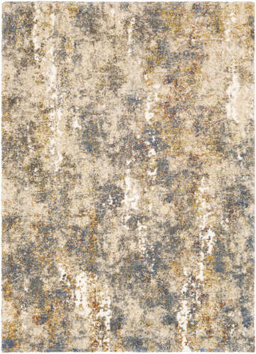 Close-up of the Shullsburg Area Rug. Contemporary design with aqua, brick red, gold, and beige tones. Machine woven texture. Design-Rectangle-5373