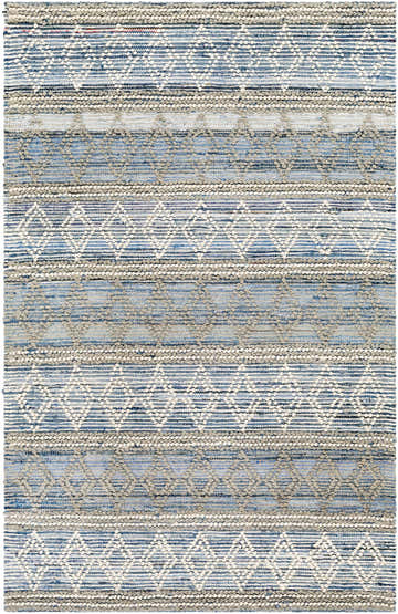 Close-up of Shou Area Carpet. Hand-woven cotton rug in charcoal, light blue, gray, and off-white with bohemian diamond pattern. Design-Rectangle-576