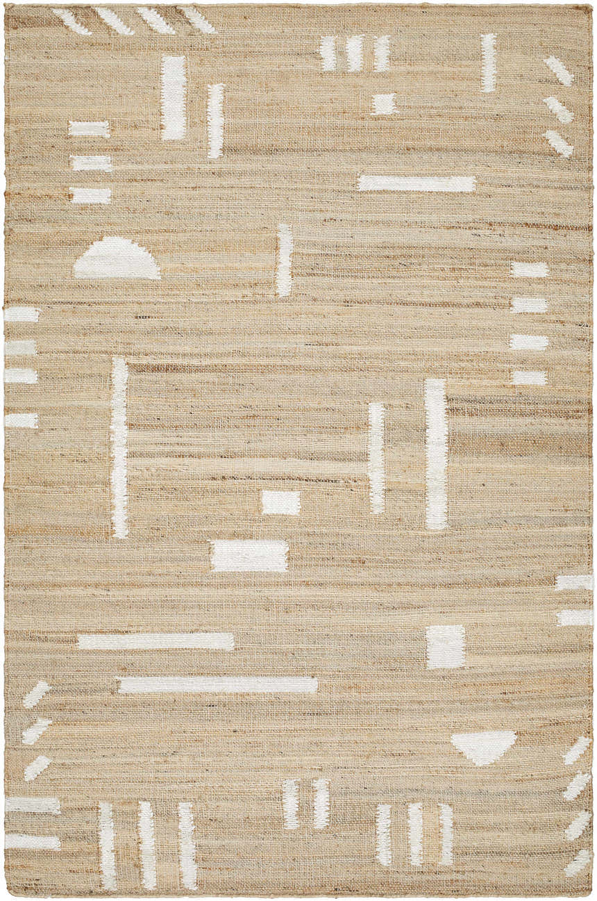 Close-up of the Sasha Jute Rug. Hand-woven rug in cream and tan with a geometric pattern. Farmhouse style. Design-Rectangle-576