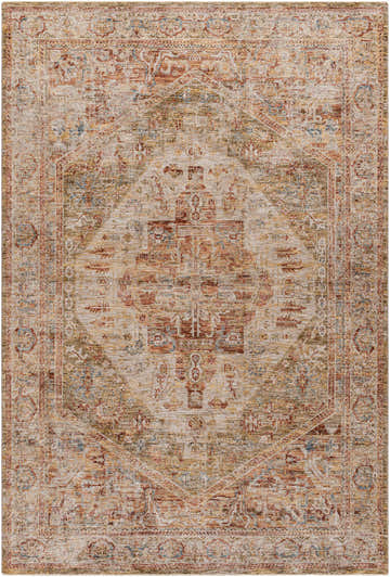 Close-up of the Alois Tan Rich Textured Traditional Rug, featuring bone, clay, and walnut tones in a classic pattern. Design-Rectangle-6796