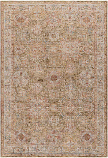 Close-up of the Ange Tan Rich Textured Traditional Rug, showcasing its bone, clay, and walnut colors and farmhouse style. Design-Rectangle-6796