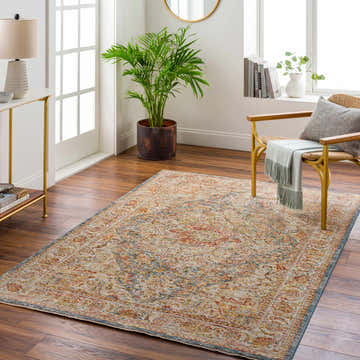 Living room scene with a Cress Tan Rich Textured Traditional Rug, gold accents, and natural light. Roomscene-Rectangle