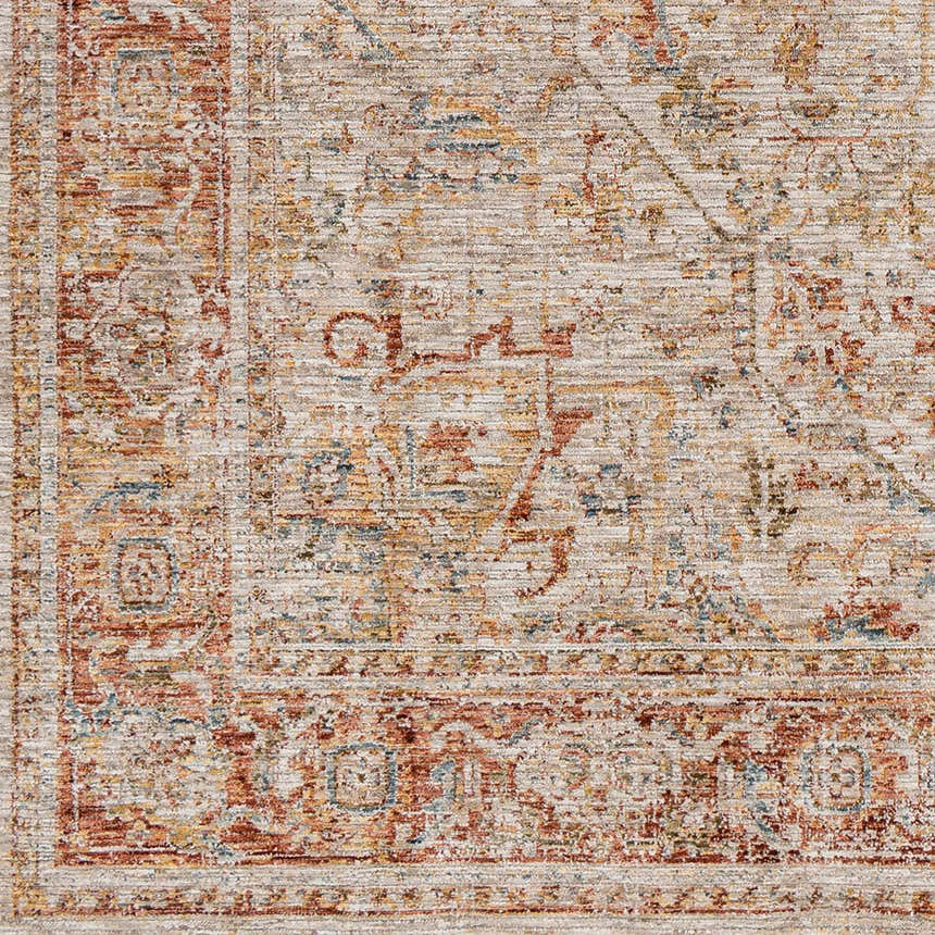 Close-up of the Cress Rust Rich Textured Traditional Rug, showcasing its clay, brown, and peach tones and intricate design. Swatch