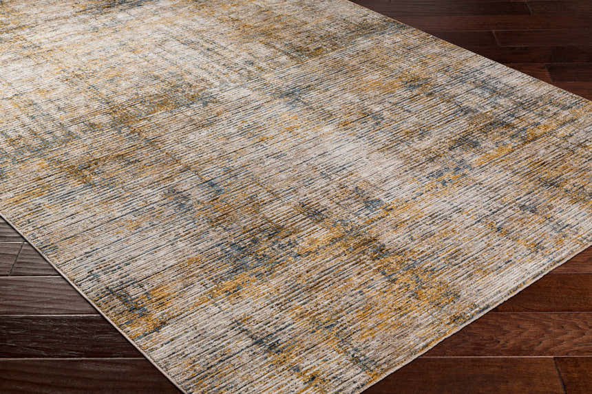 Close-up of the Osma Rich Textured Traditional Rug. Bone, driftwood, multi brown, and taupe colors. Corner