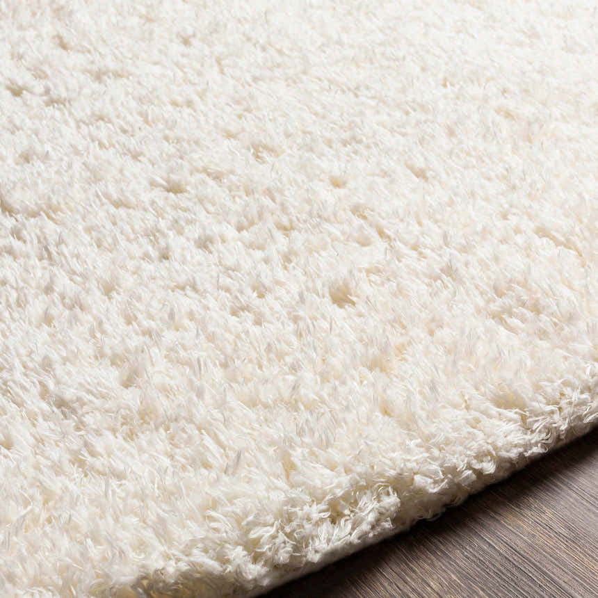 Close-up of the Siari Solid Cream Plush Rug showing its soft, shaggy texture on a wood floor. Texture