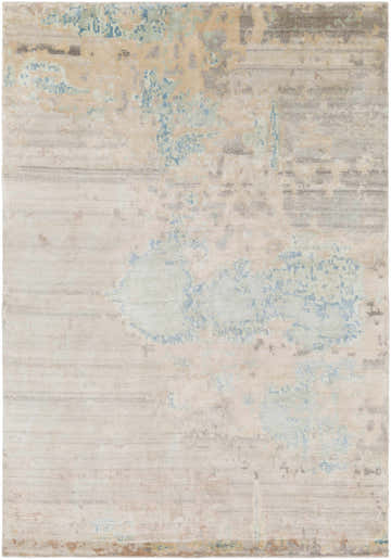 Close-up of the Simon Area Rug. Hand-knotted wool and viscose rug in charcoal, cream, light blue, and tan. Contemporary style. Design-Rectangle