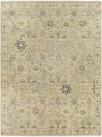 Detailed beige Sipocot Premium Area Rug with a traditional floral pattern in navy, rust, and brown tones. Hand-knotted cotton and wool rug. Design-Rectangle-912