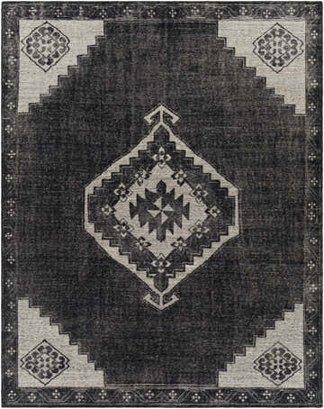 Siraway Handmade Wool Area Rug, black and light beige vintage design with central diamond pattern and floral border. Design-Rectangle-810