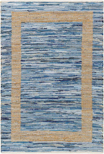 Close-up of the Ghita Recycled Blue Jean Rug. Hand-woven rug with blue denim and beige jute border. Contemporary style. Design-Rectangle-576