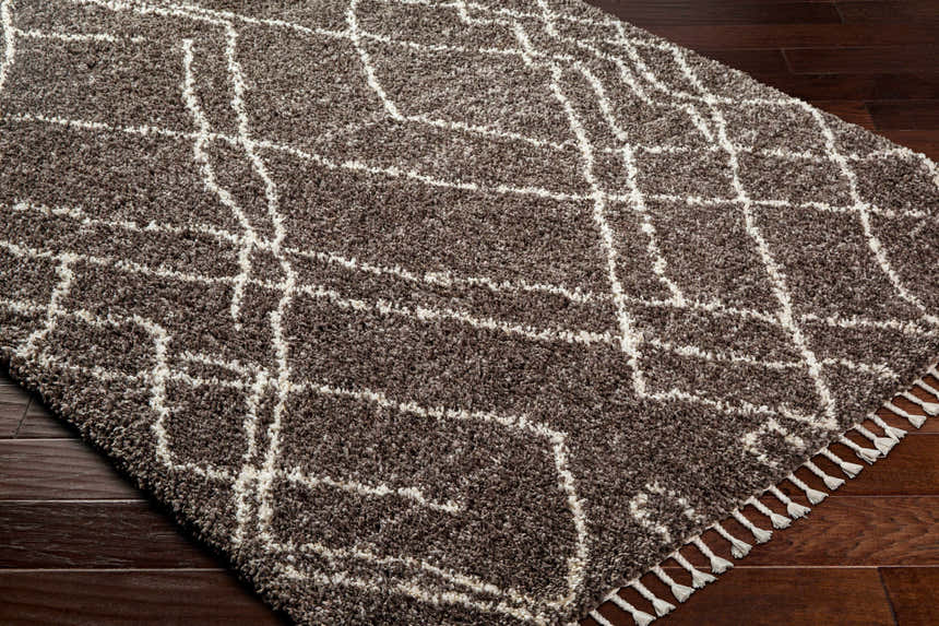 Close up of the Hersz Gray Area Rug showing its shag texture and geometric bone pattern. Corner
