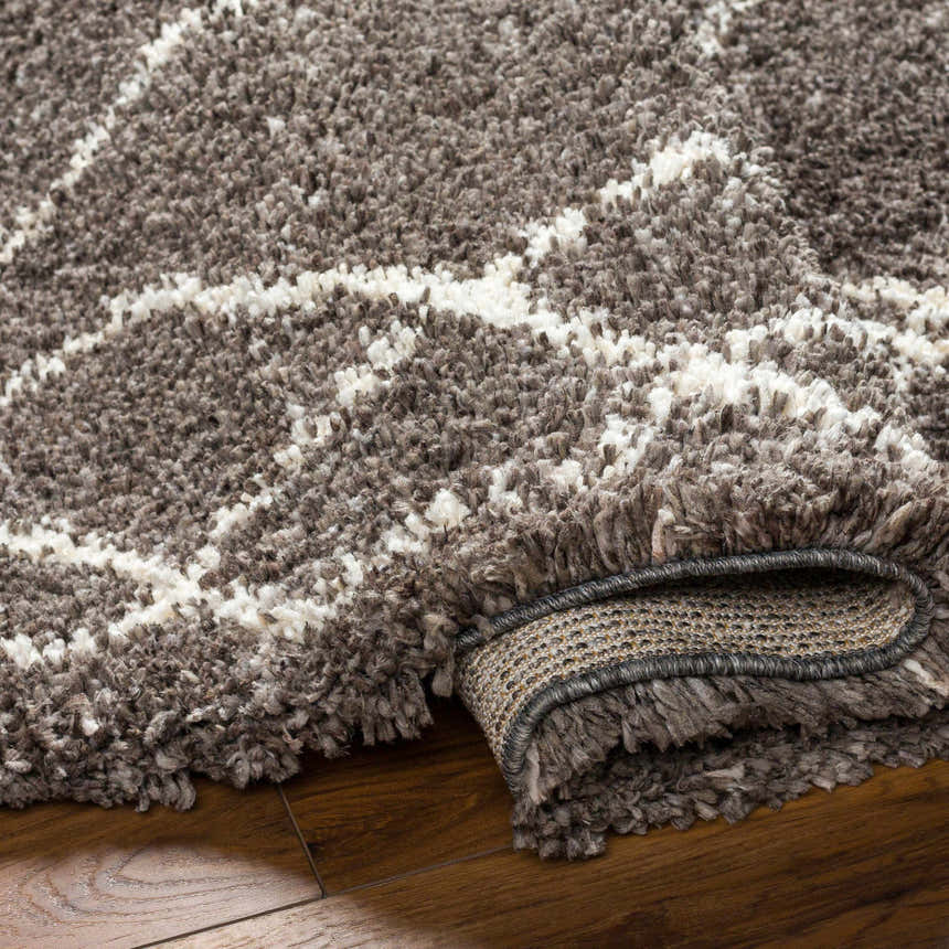 Close up of the Hersz Gray Area Rug showing its shag texture and geometric bone pattern. Fold