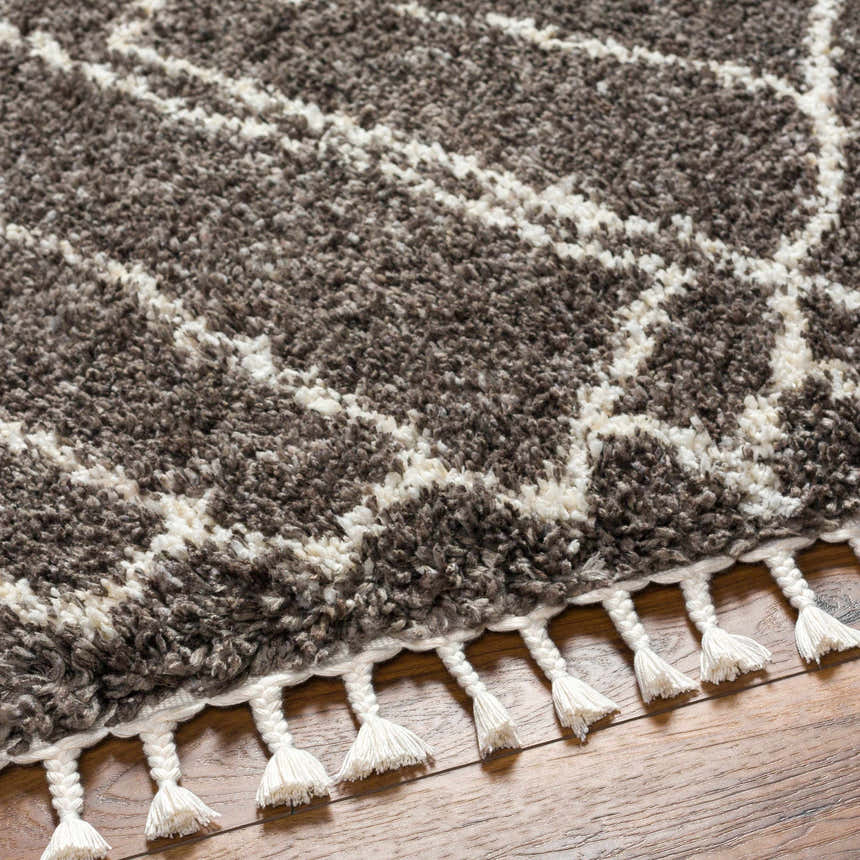 Close-up of the Hersz Gray Area Rug, a shag rug with a geometric bone pattern and tassels on a wood floor. Texture