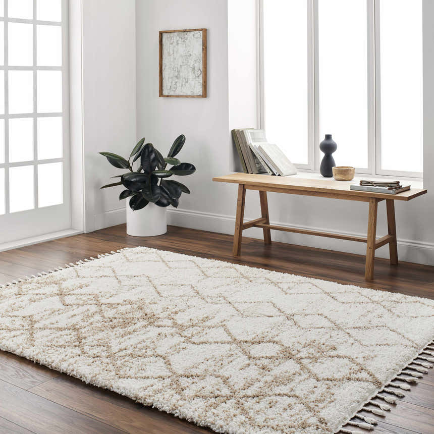 Bright living room with Ishan Cream Area Rug, wood floors, bench with books, and potted plant. Roomscene-Rectangle