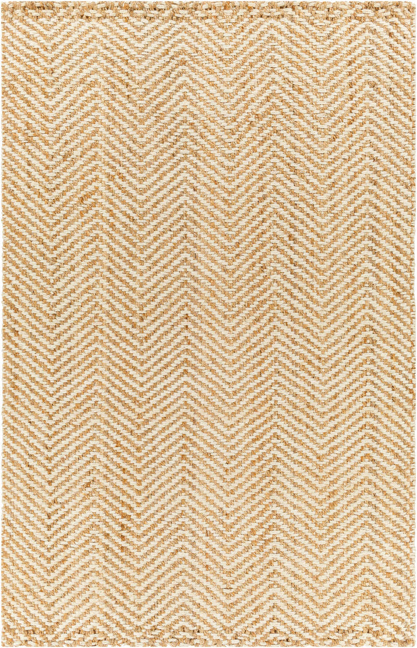 Close-up of the Aren Area Rug. Hand-woven jute rug with a geometric chevron pattern in natural jute and light beige. Design-Rectangle-576