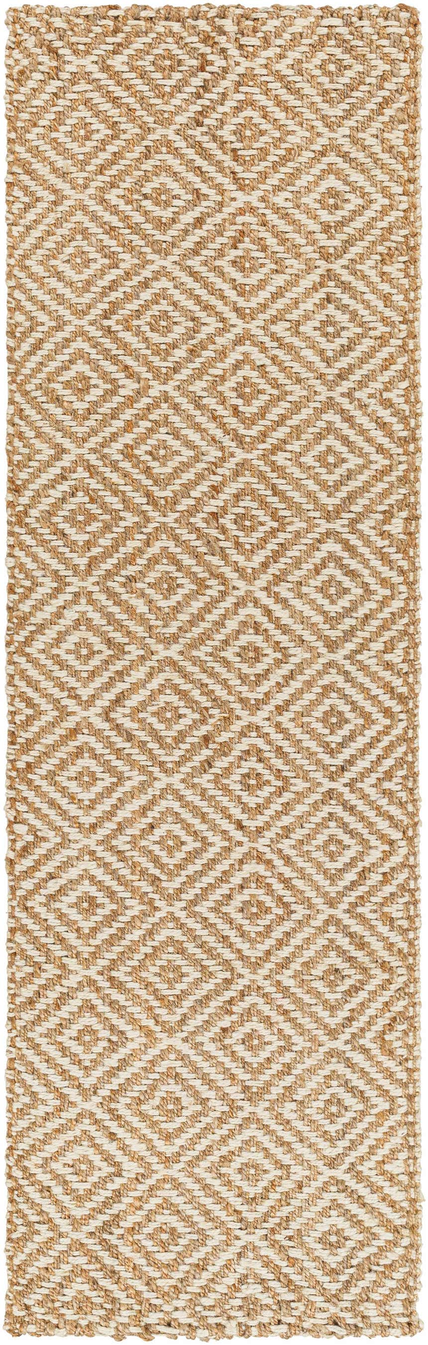 Close-up of the Eriko Area Rug. Hand-woven jute rug with a geometric diamond pattern in natural jute and light beige. Design-Runner-268