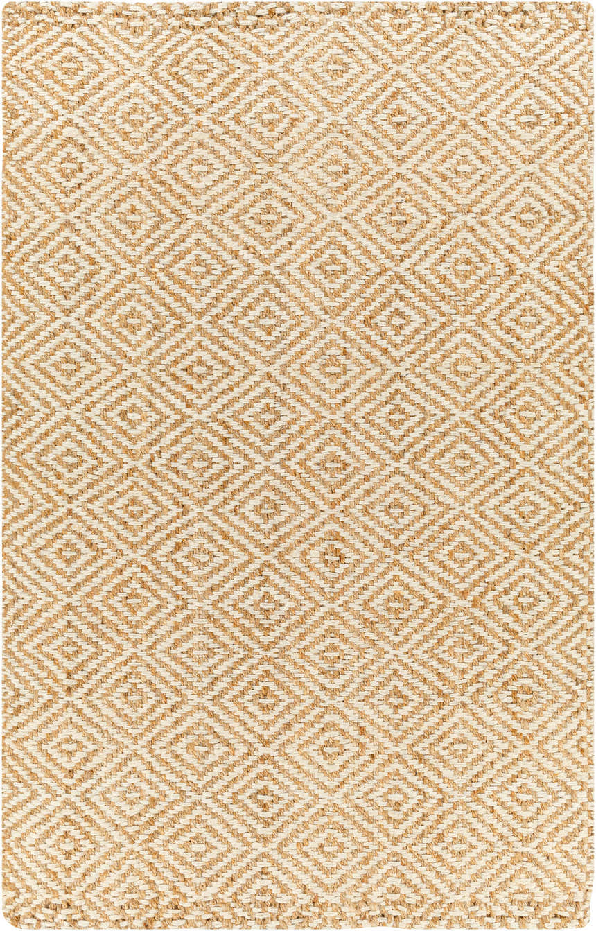 Close-up of the Eriko Area Rug in natural jute, featuring a geometric diamond pattern in tan and light beige. Design-Rectangle-576