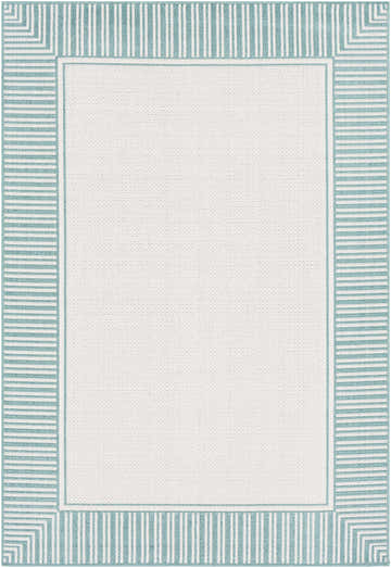 Close-up of Skipton Area Rug. White rug with a teal and white striped border and geometric corner details. Design-Rectangle-5376