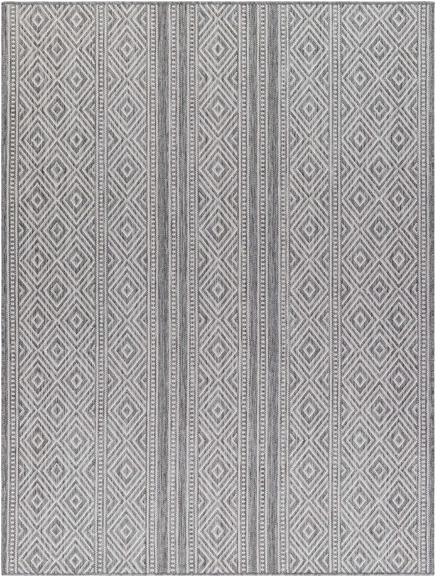 Close-up of a Cyan Area Rug. Charcoal, light gray, and off-white diamond pattern with vertical stripes. Farmhouse style. Design-Rectangle-537