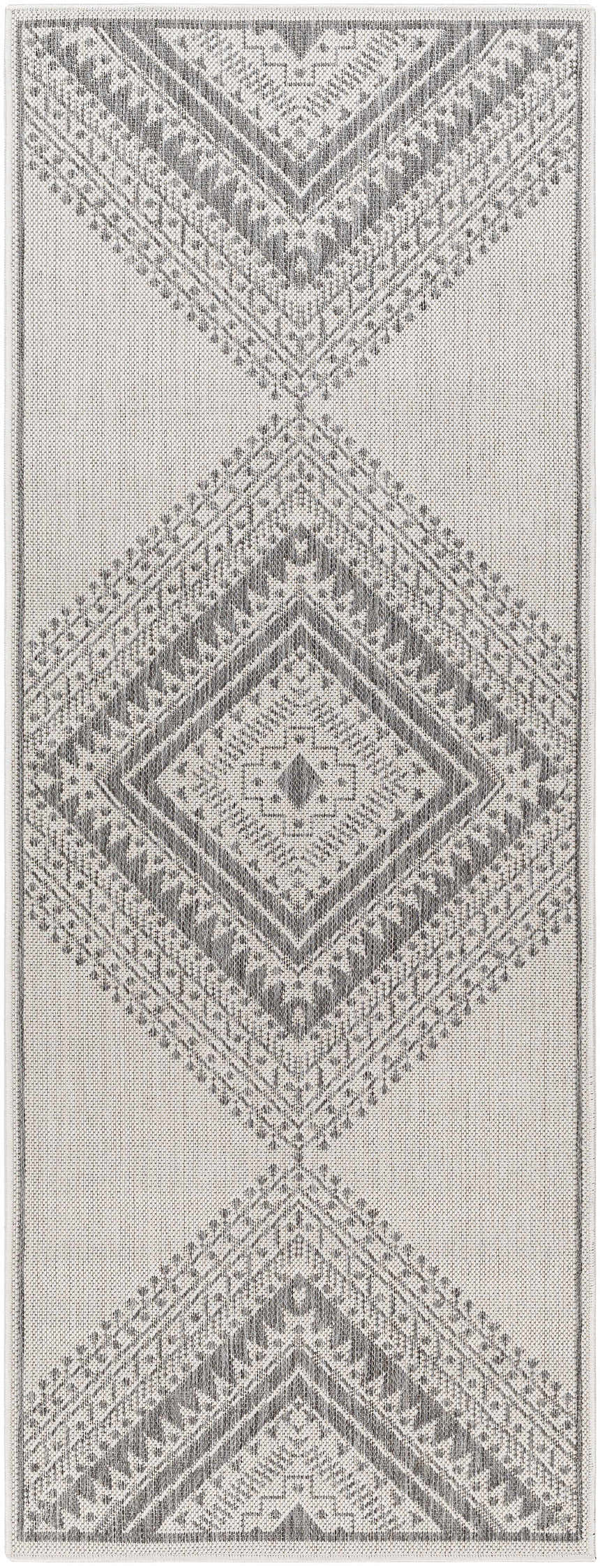 Close-up of the Deana Light Gray Area Rug, featuring a geometric diamond pattern in light gray, medium gray, and off-white. Design-Runner-2773