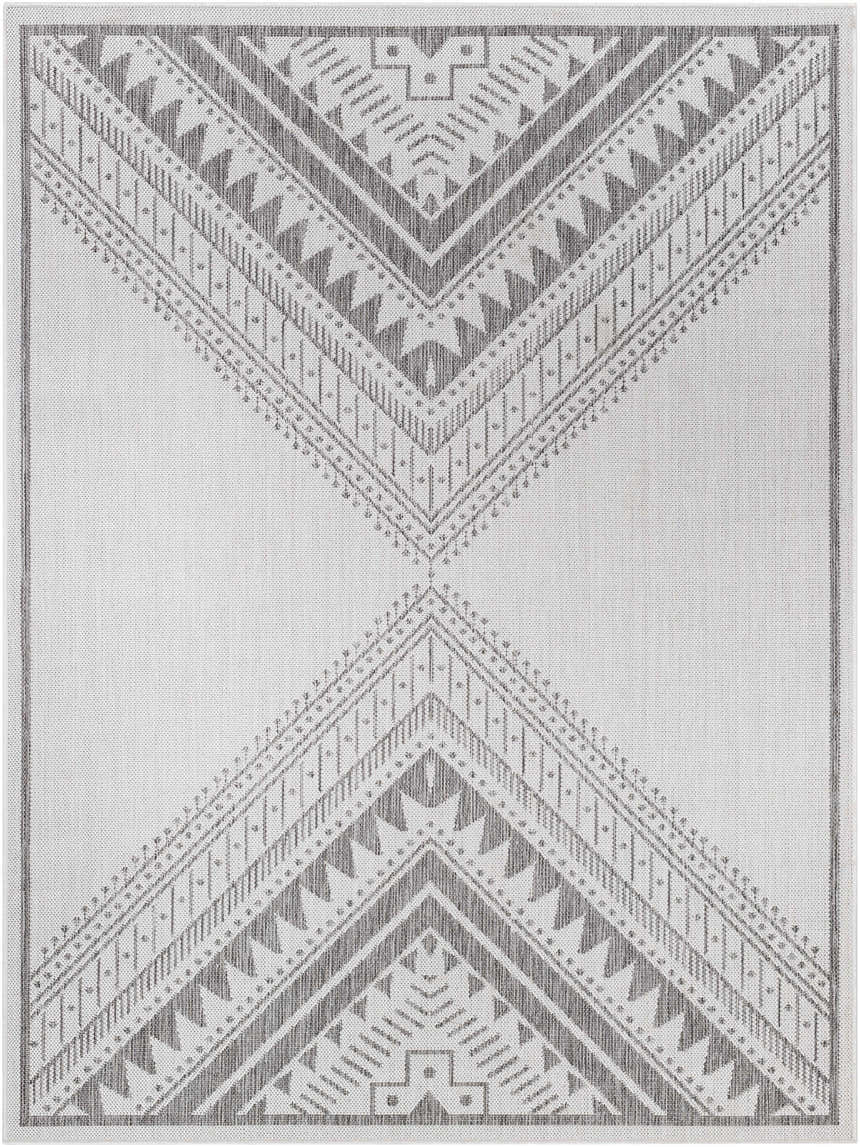 Close-up of the Deana Light Gray Area Rug, featuring a geometric, bohemian-inspired pattern in light and medium gray on an off-white base. Design-Rectangle-537