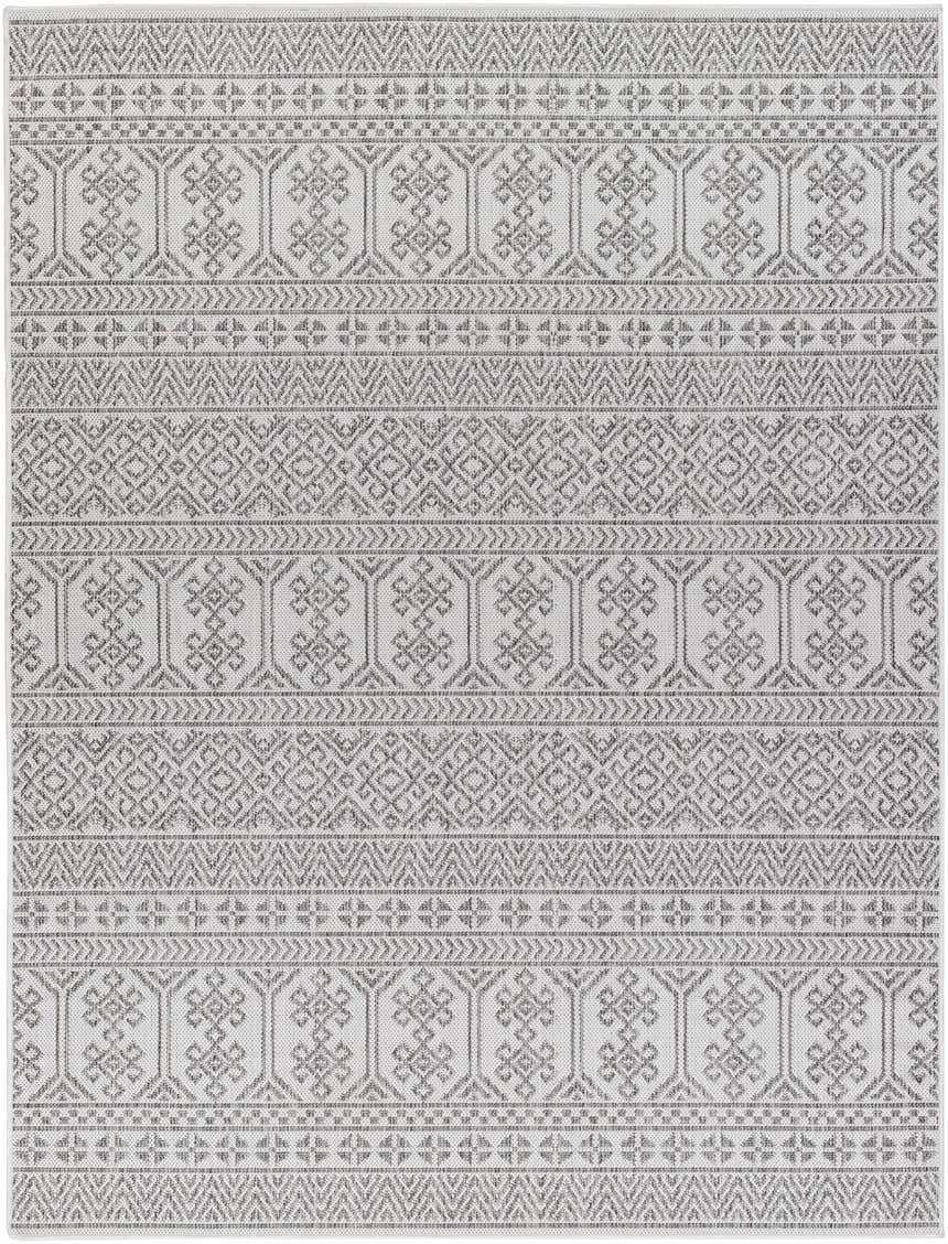 Close-up of the Kalb Area Carpet. Bohemian style rug with charcoal, light gray, and off white geometric pattern. Design-Rectangle-537