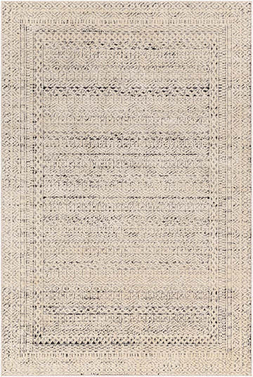 Close-up of the Said Area Rug. Farmhouse style rug in bone and dark gray with a geometric pattern and a textured look. Design-Rectangle-537
