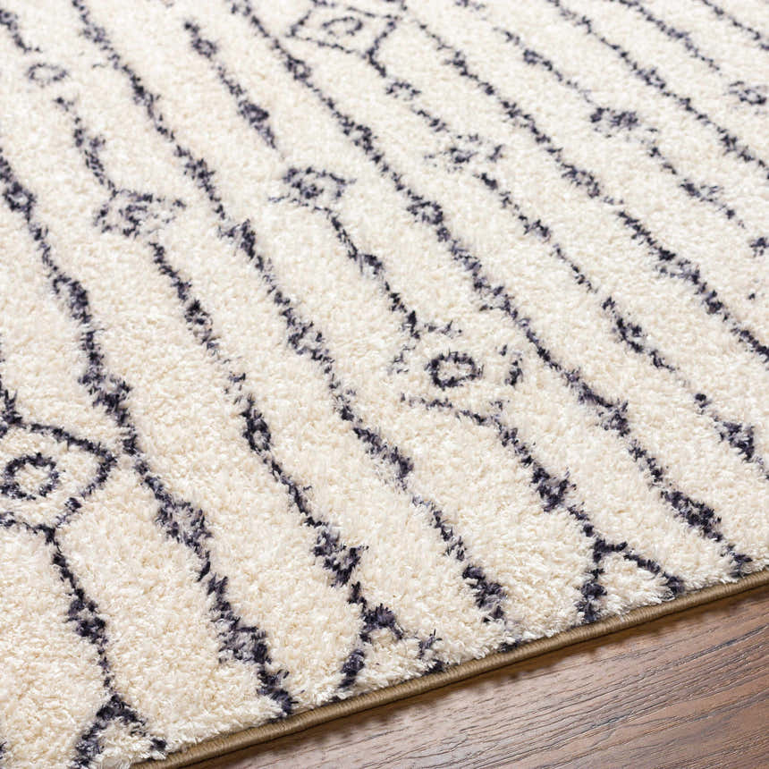 Close up of Demi Beige Washable Area Rug showing its shag texture and bohemian black diamond pattern. Texture