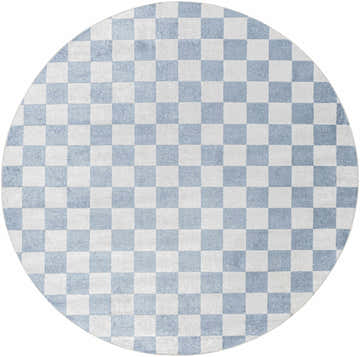 Close-up of a round Brone Blue Checkered Washable Rug. The rug has a blue and off-white checkered pattern. Design-Round-67