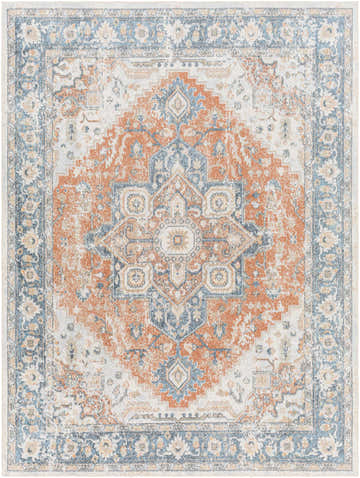 Detailed close up of the Ezri Rust Washable Area Rug, featuring a traditional rust, beige, and blue pattern. Design-Rectangle-537