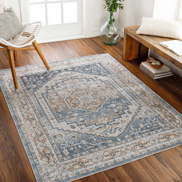 Living room scene with a blue and brown rectangular Nana Washable Area Rug, white chair, and rustic wood bench. Roomscene-Rectangle