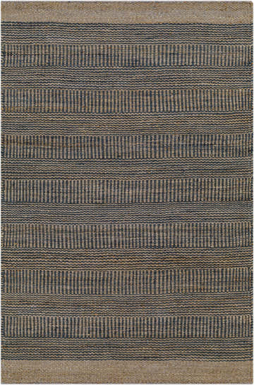 Close-up of Navy Elle Jute Rug showing geometric, Scandinavian design. Dark blue and light gray jute texture. Hand woven rug. Design-Rectangle-576