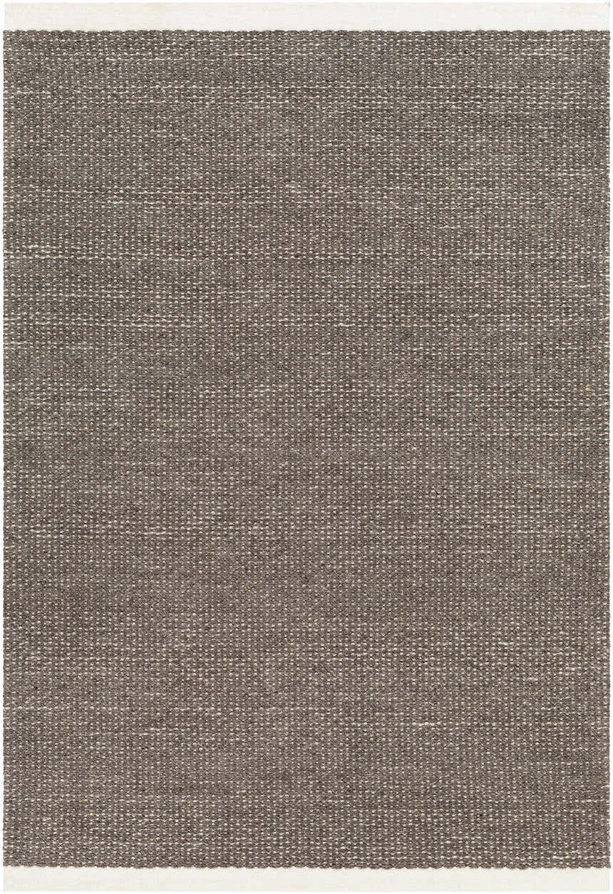 Close-up of the hand woven Emlen Nutmeg Area Rug showing beige, bone, and nutmeg colors and textured wool design. Design-Rectangle-576