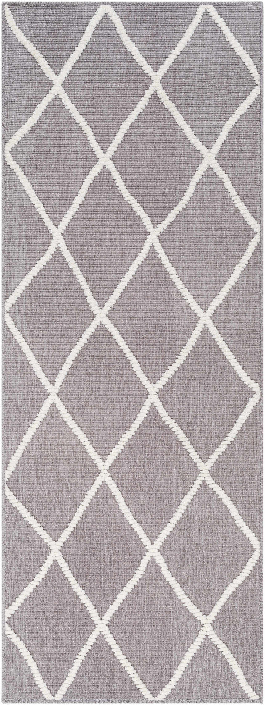 Close-up of Amani Gray Washable Rug. Geometric diamond pattern in white on dark gray woven texture. Farmhouse style. Design-Runner-2772